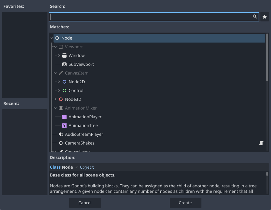The node browser showing various node types